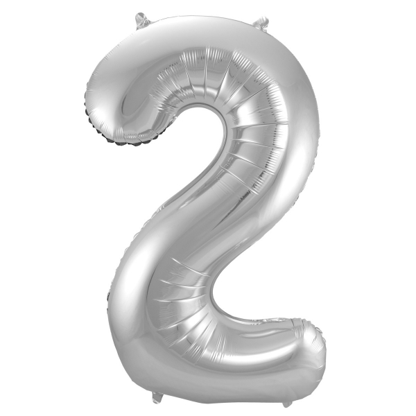 XL Folienballon Zahl 2 in Silber, 86 cm, 1 Stück, Helium Ballon (unbefüllt)