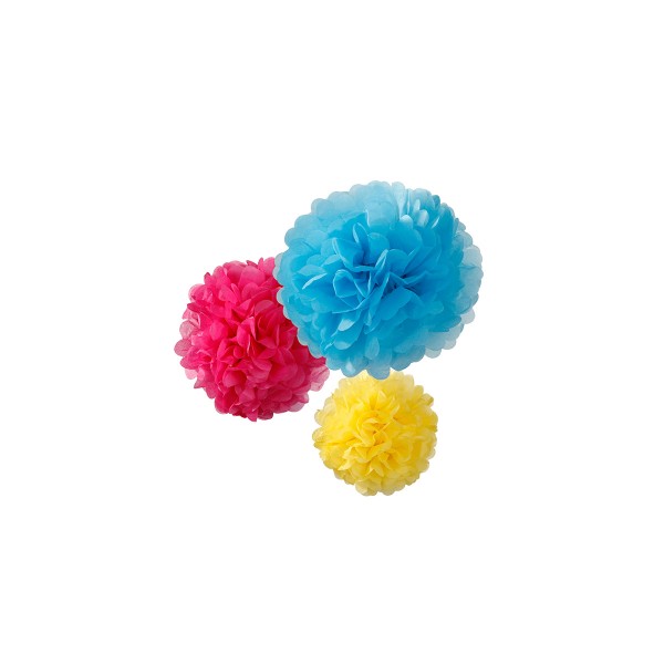 Pompons, bunt, 3 Stück - ca. 25 - 38 cm