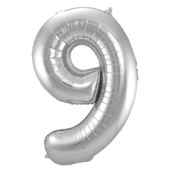 XL Folienballon Zahl 9 in Silber, 86 cm, 1 Stück, Helium Ballon (unbefüllt)