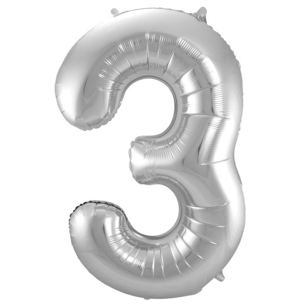 XL Folienballon Zahl 3 in Silber, 86 cm, 1 Stück, Helium Ballon (unbefüllt)