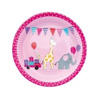 Pappteller mit Tieren, pink,  Pappteller mit Tieren, pink,