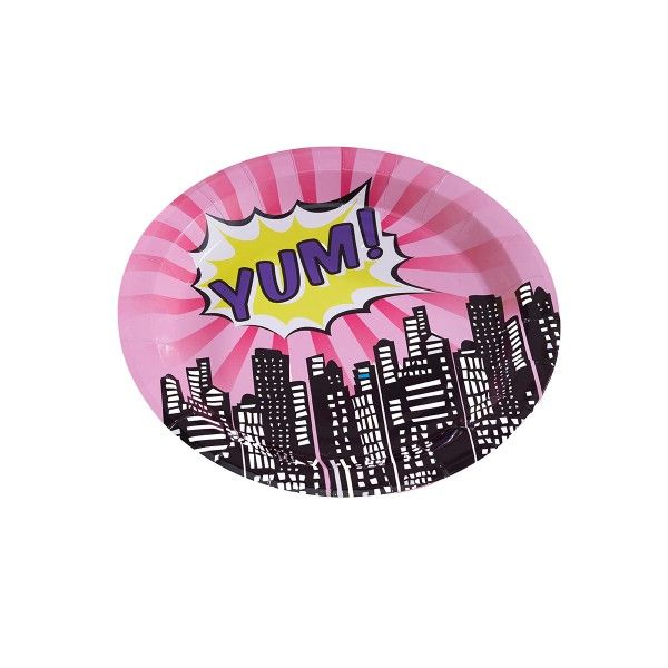 Pappteller Superhelden pink, ø 23cm, 8 Stück