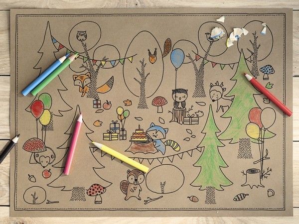 Ausmalbilder Woodland (Wald) mit Buntstiften, 6 Stück plus 6 Buntstifte X