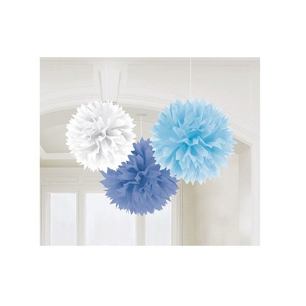 Pompons in Blau, Weiß, Hellblau, 3 Stück