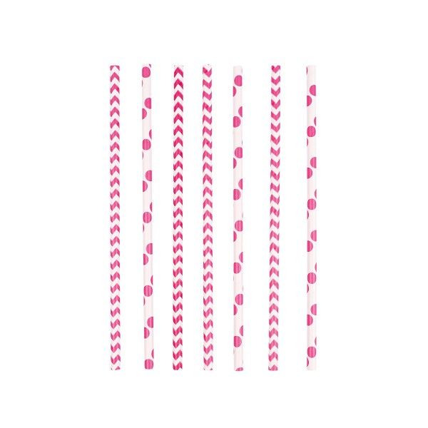 Strohhalme Punkte und Chevron, pink, 24 Stück