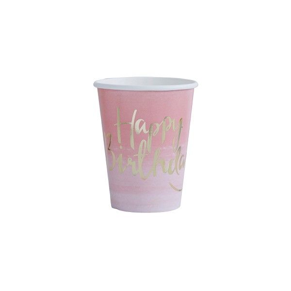 Pappbecher "Happy Birthday" rosa /gold, 255ml, 8 St